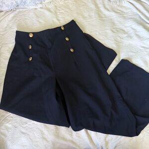 Y2K Bebe Vintage Wool High Waist Navy Blue Sailor Pant Trouser Gold Button Prep